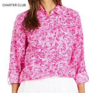 Charter Club Women's Preppy-Pink Abstract Floral Linen Blouse SZ Small